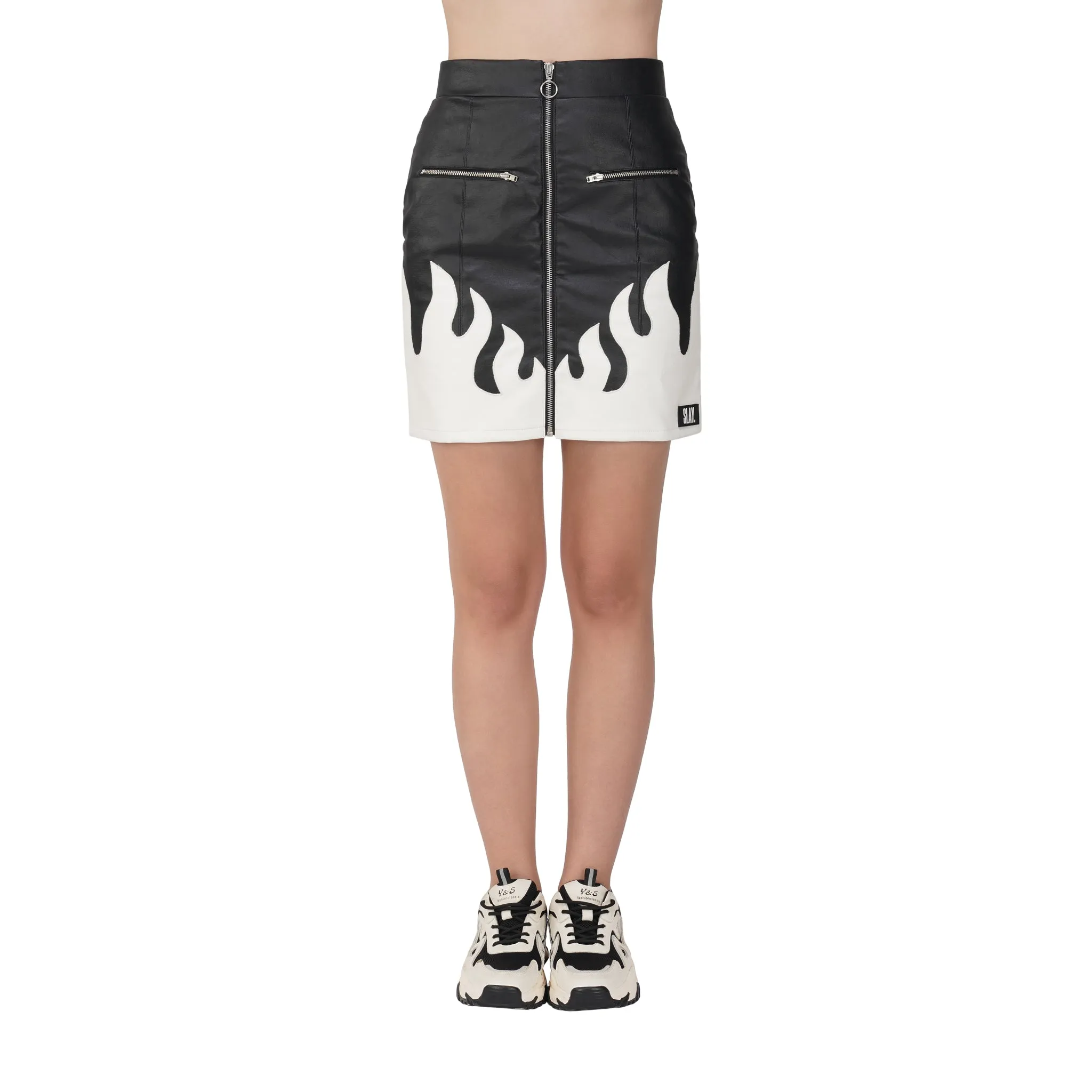SLAY. Women's Faux Leather Flame Mini Skirt Black & White