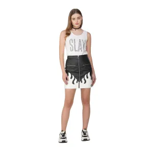 SLAY. Women's Faux Leather Flame Mini Skirt Black & White