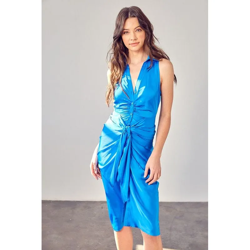 SLEEVELESS COLLAR FRONT TIE DRESS