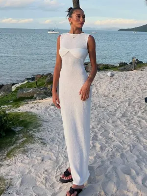 Sleeveless Maxi Dress with Knitted Fabric and Round Neck