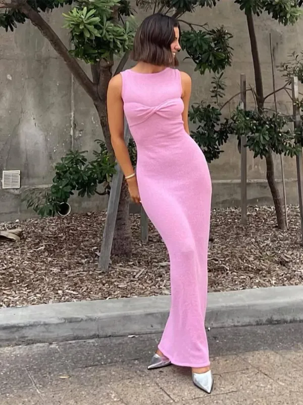Sleeveless Maxi Dress with Knitted Fabric and Round Neck