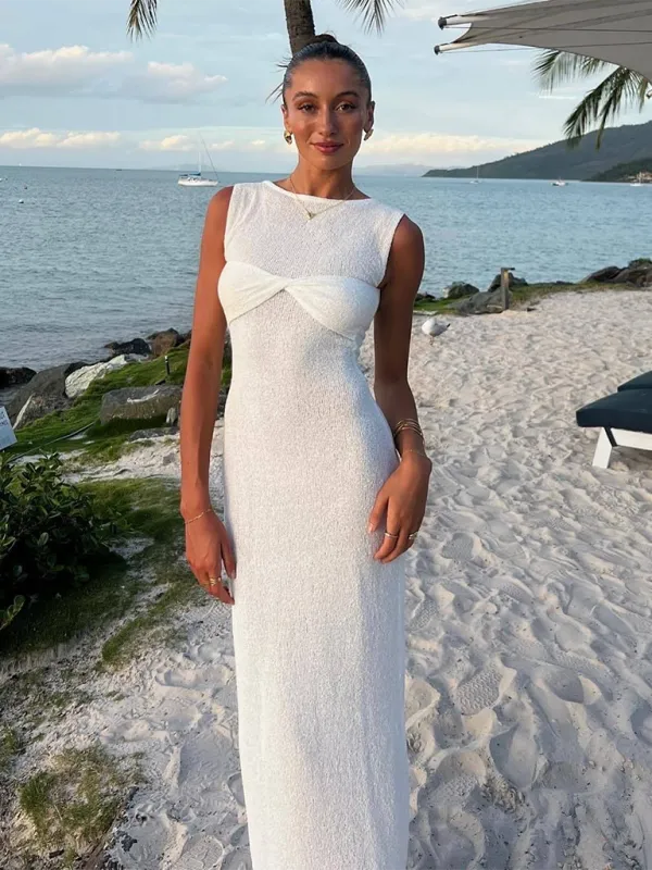 Sleeveless Maxi Dress with Knitted Fabric and Round Neck