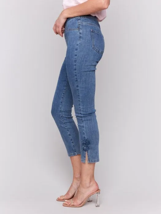 Slim Fit Cropped Jeans With Side Flowers