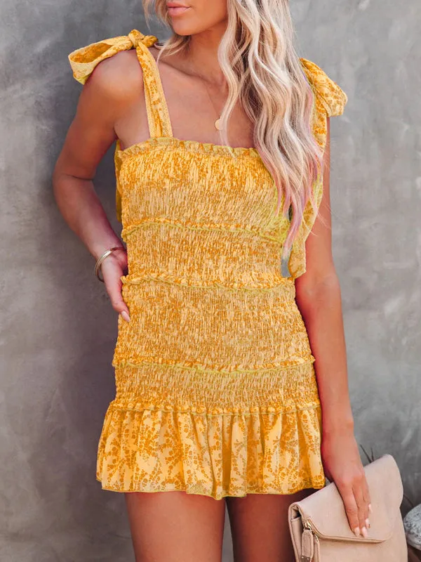 Smocked Bodice Mini Dress with Ruffle Skirt and Bow Tie Straps