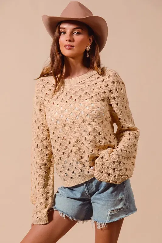 SO ME Geometric Pattern Open Knit Lightweight Sweater