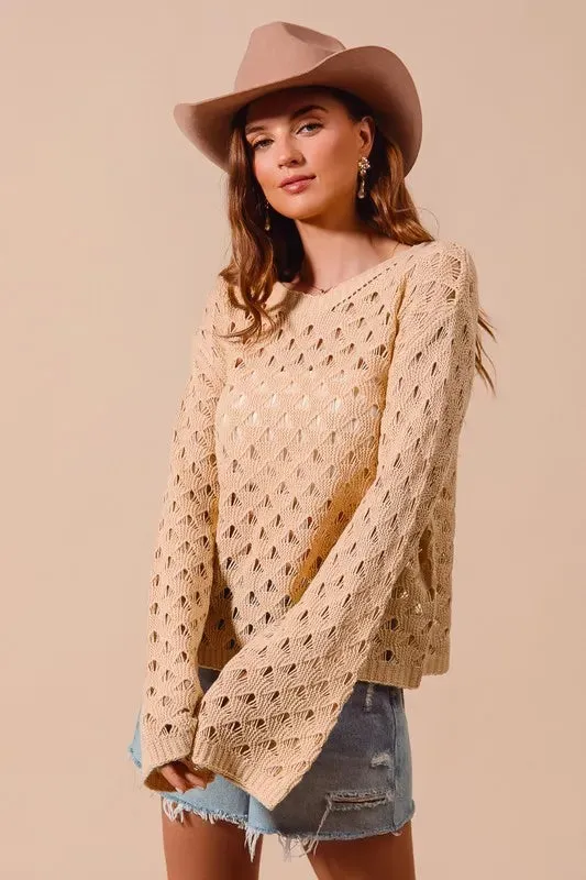 SO ME Geometric Pattern Open Knit Lightweight Sweater