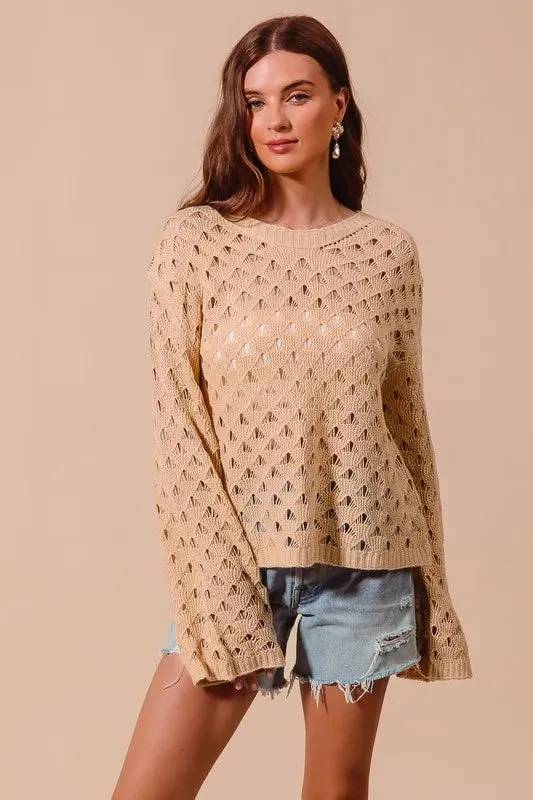 SO ME Geometric Pattern Open Knit Lightweight Sweater