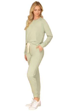 Solid Long Sleeve Top and Joggers Set with Self Tie Sage - Pack of 6