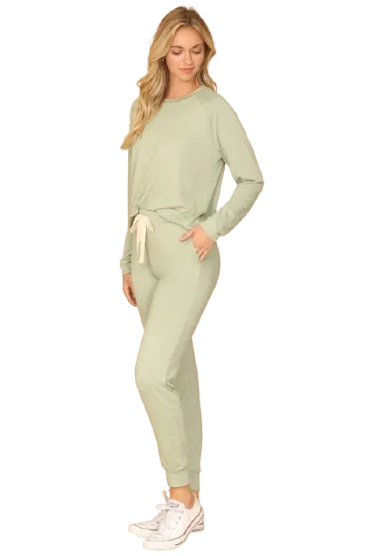 Solid Long Sleeve Top and Joggers Set with Self Tie Sage - Pack of 6