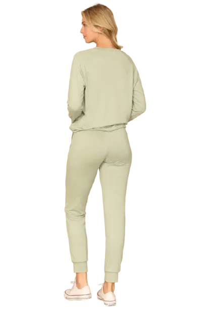 Solid Long Sleeve Top and Joggers Set with Self Tie Sage - Pack of 6