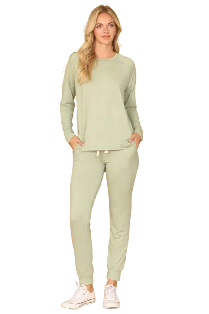 Solid Long Sleeve Top and Joggers Set with Self Tie Sage - Pack of 6