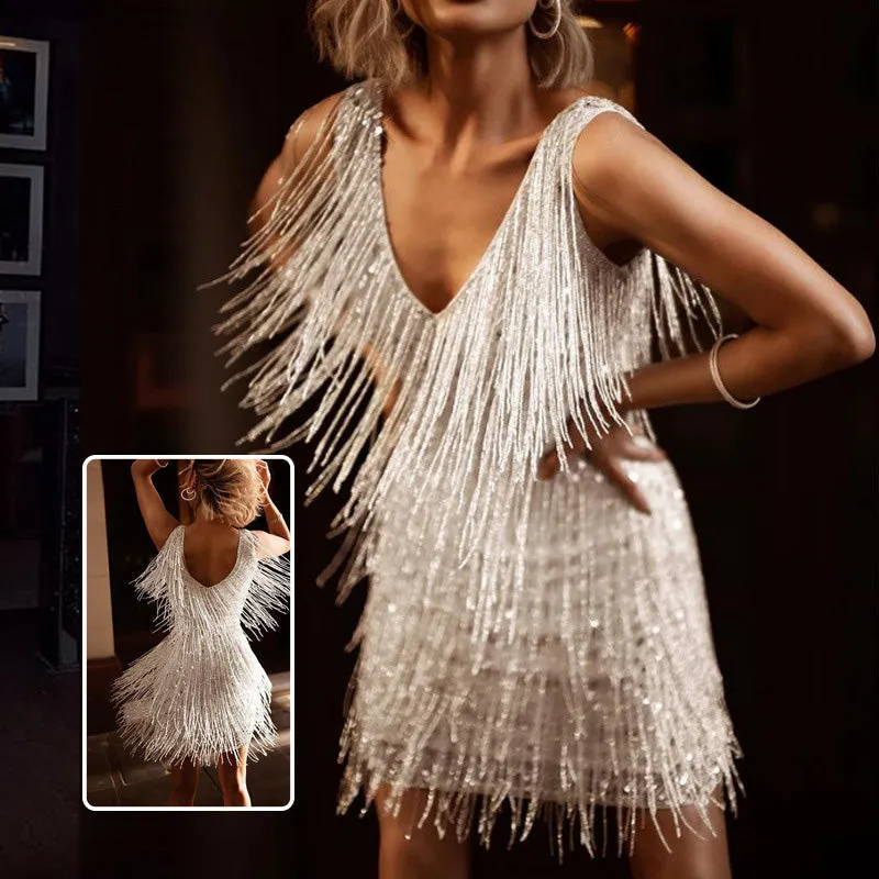 🎉Sommerangebote🎉Sexy ärmelloses Fransenkleid mit V-Ausschnitt