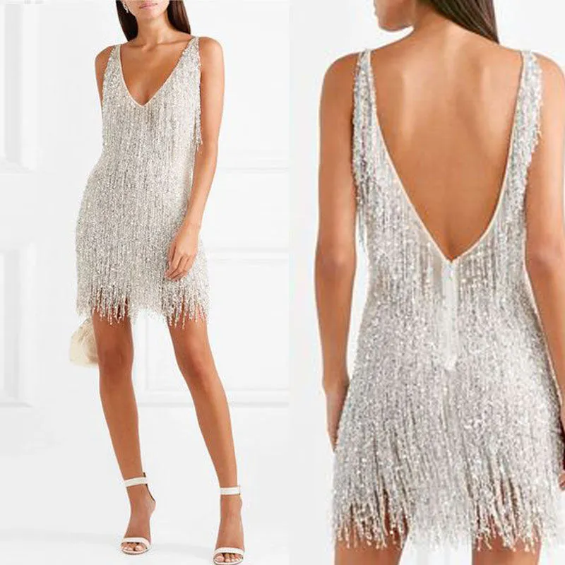 🎉Sommerangebote🎉Sexy ärmelloses Fransenkleid mit V-Ausschnitt