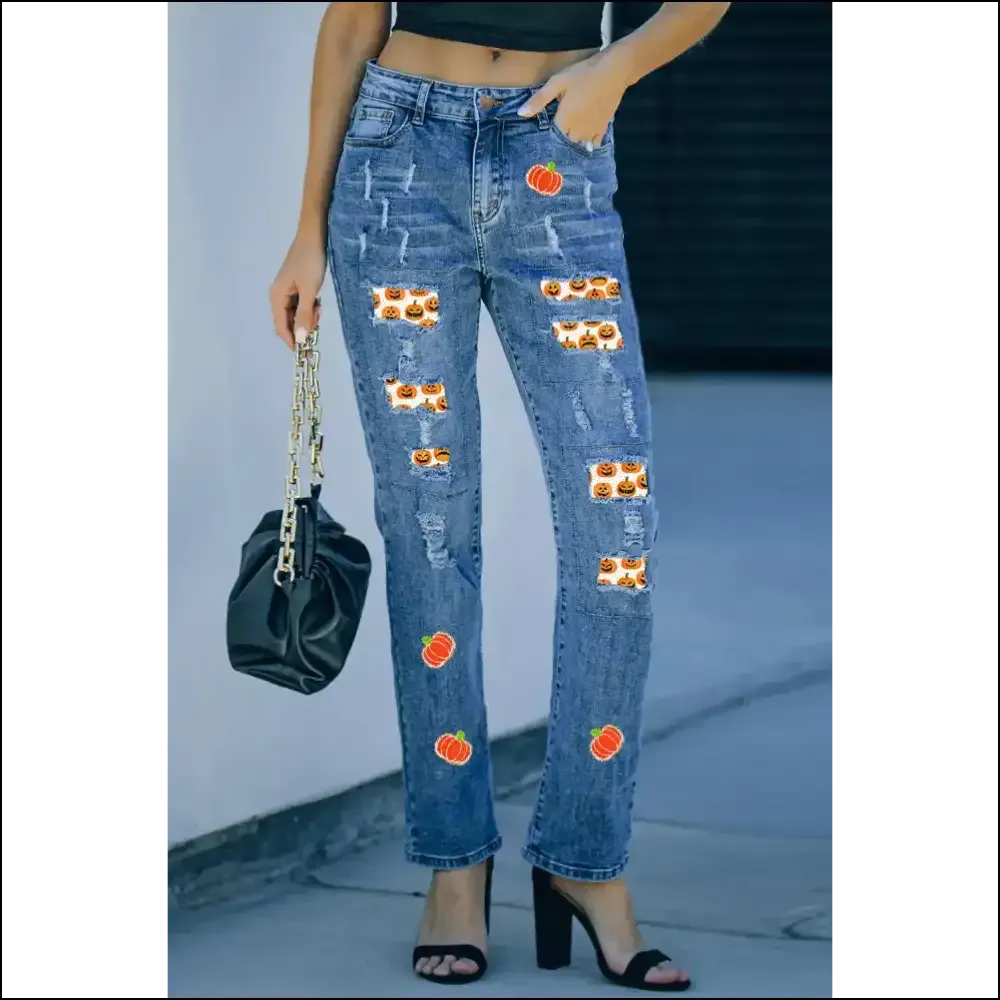Spooktacular Style Unleashed: Distressed Pumpkin Jeans for Fashion Ghouls! 🎃👖