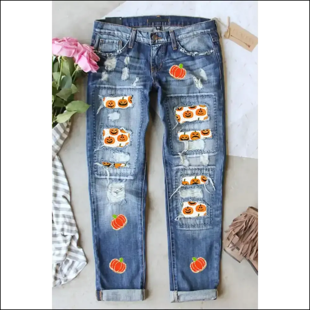 Spooktacular Style Unleashed: Distressed Pumpkin Jeans for Fashion Ghouls! 🎃👖