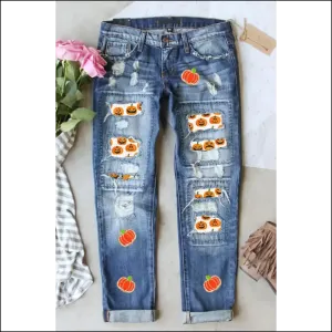 Spooktacular Style Unleashed: Distressed Pumpkin Jeans for Fashion Ghouls! 🎃👖