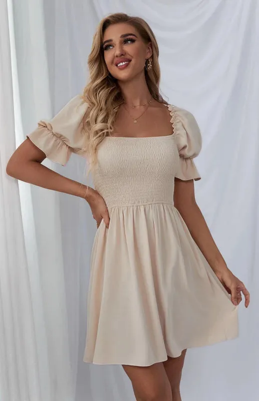 Square Collar Mini Dress with Puff Sleeves and Smocked Bodice