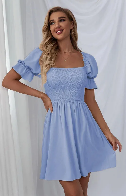 Square Collar Mini Dress with Puff Sleeves and Smocked Bodice