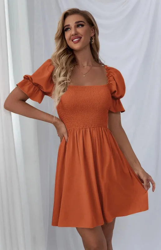 Square Collar Mini Dress with Puff Sleeves and Smocked Bodice