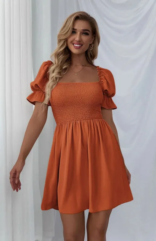 Square Collar Mini Dress with Puff Sleeves and Smocked Bodice