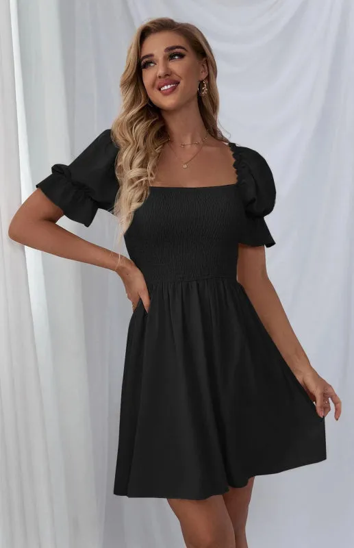 Square Collar Mini Dress with Puff Sleeves and Smocked Bodice