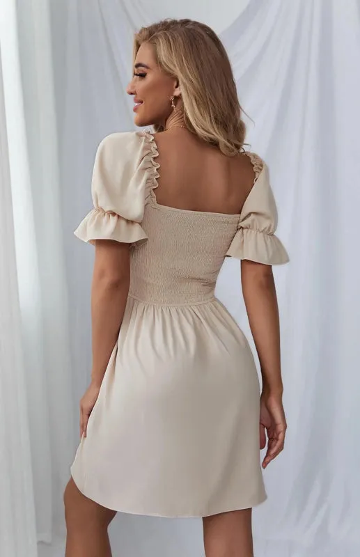 Square Collar Mini Dress with Puff Sleeves and Smocked Bodice