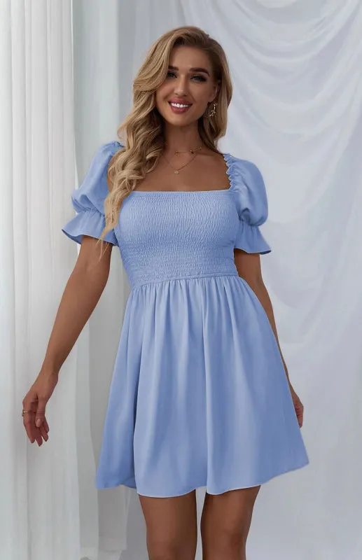 Square Collar Mini Dress with Puff Sleeves and Smocked Bodice