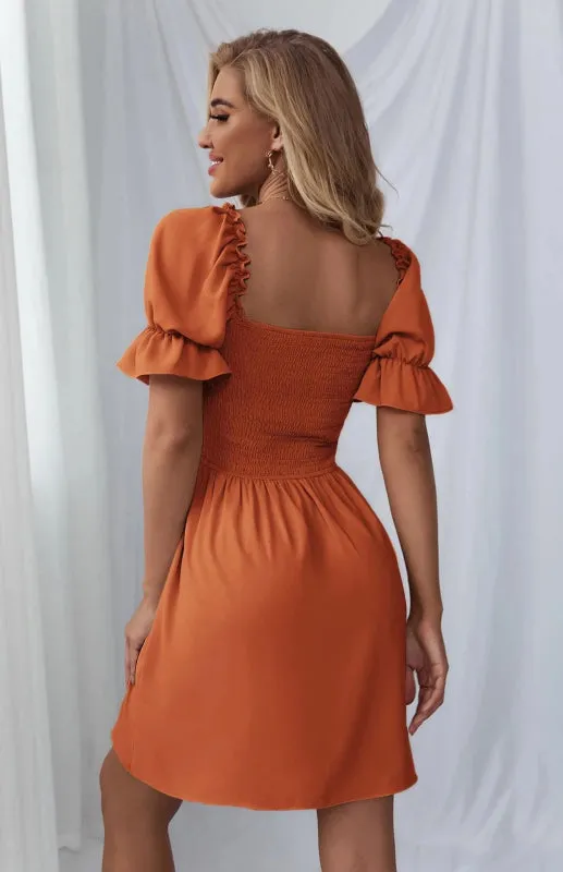 Square Collar Mini Dress with Puff Sleeves and Smocked Bodice