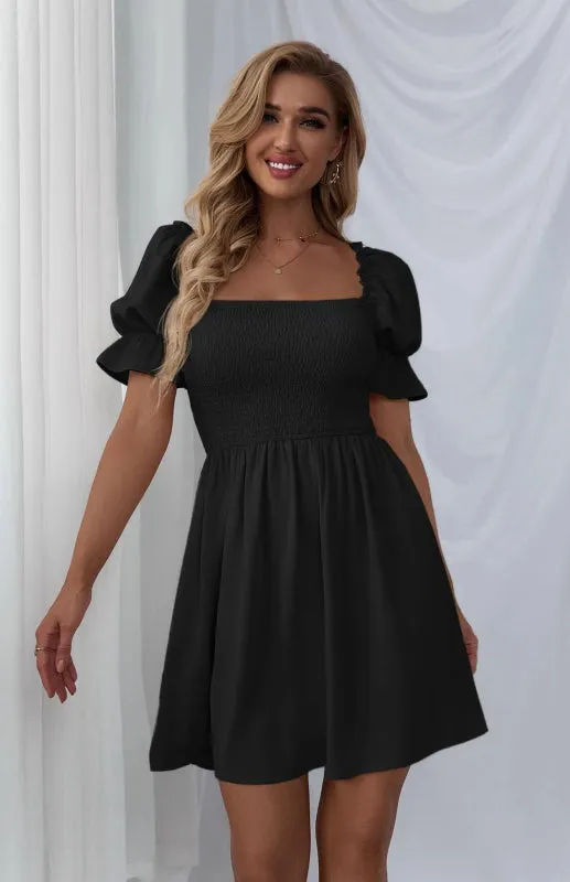 Square Collar Mini Dress with Puff Sleeves and Smocked Bodice