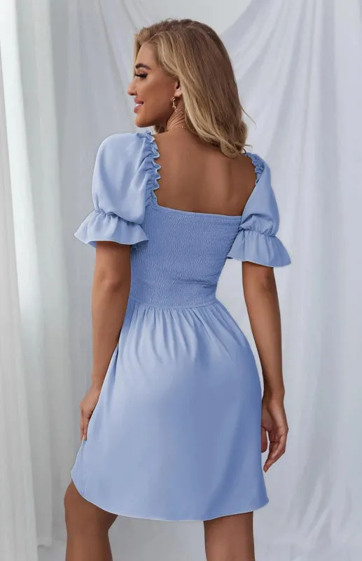 Square Collar Mini Dress with Puff Sleeves and Smocked Bodice