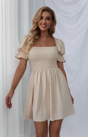 Square Collar Mini Dress with Puff Sleeves and Smocked Bodice