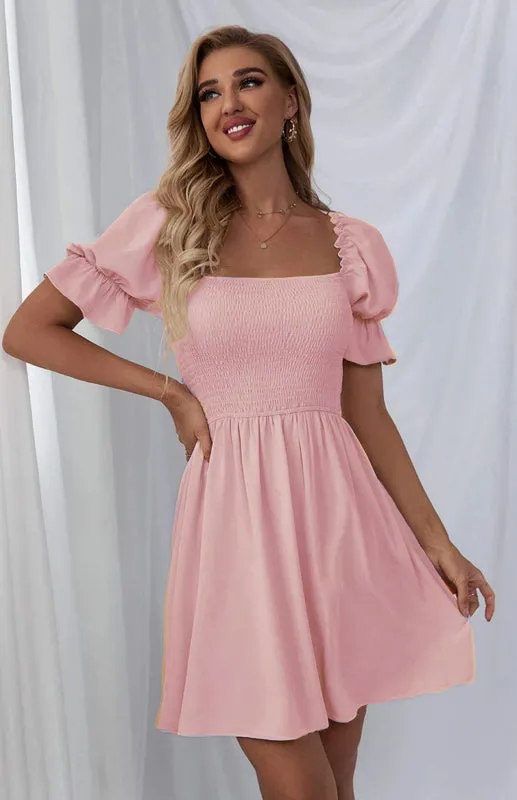 Square Collar Mini Dress with Puff Sleeves and Smocked Bodice
