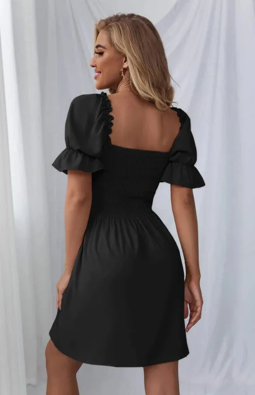 Square Collar Mini Dress with Puff Sleeves and Smocked Bodice