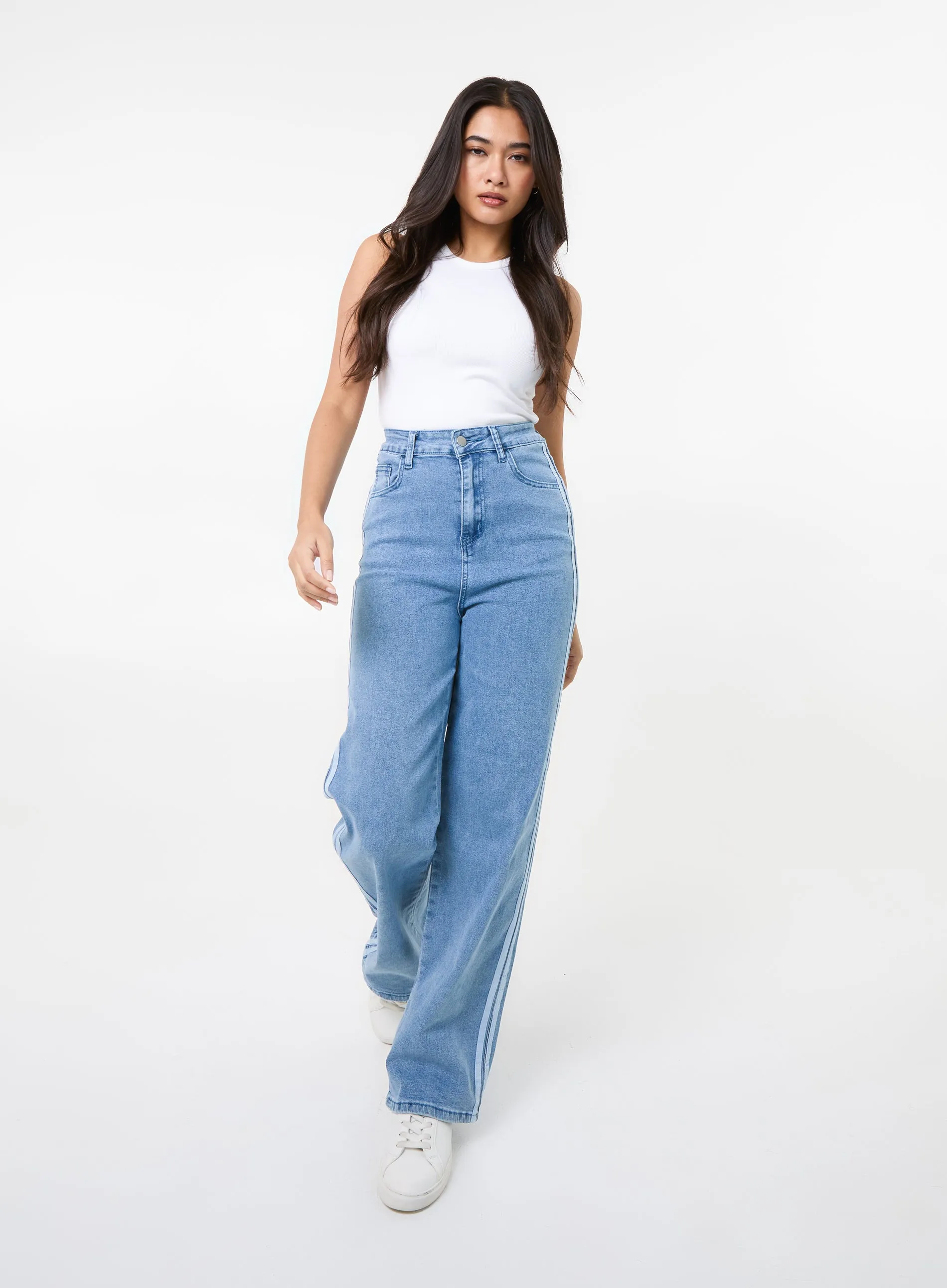 Stripe Detail Denim High Waist Jeans