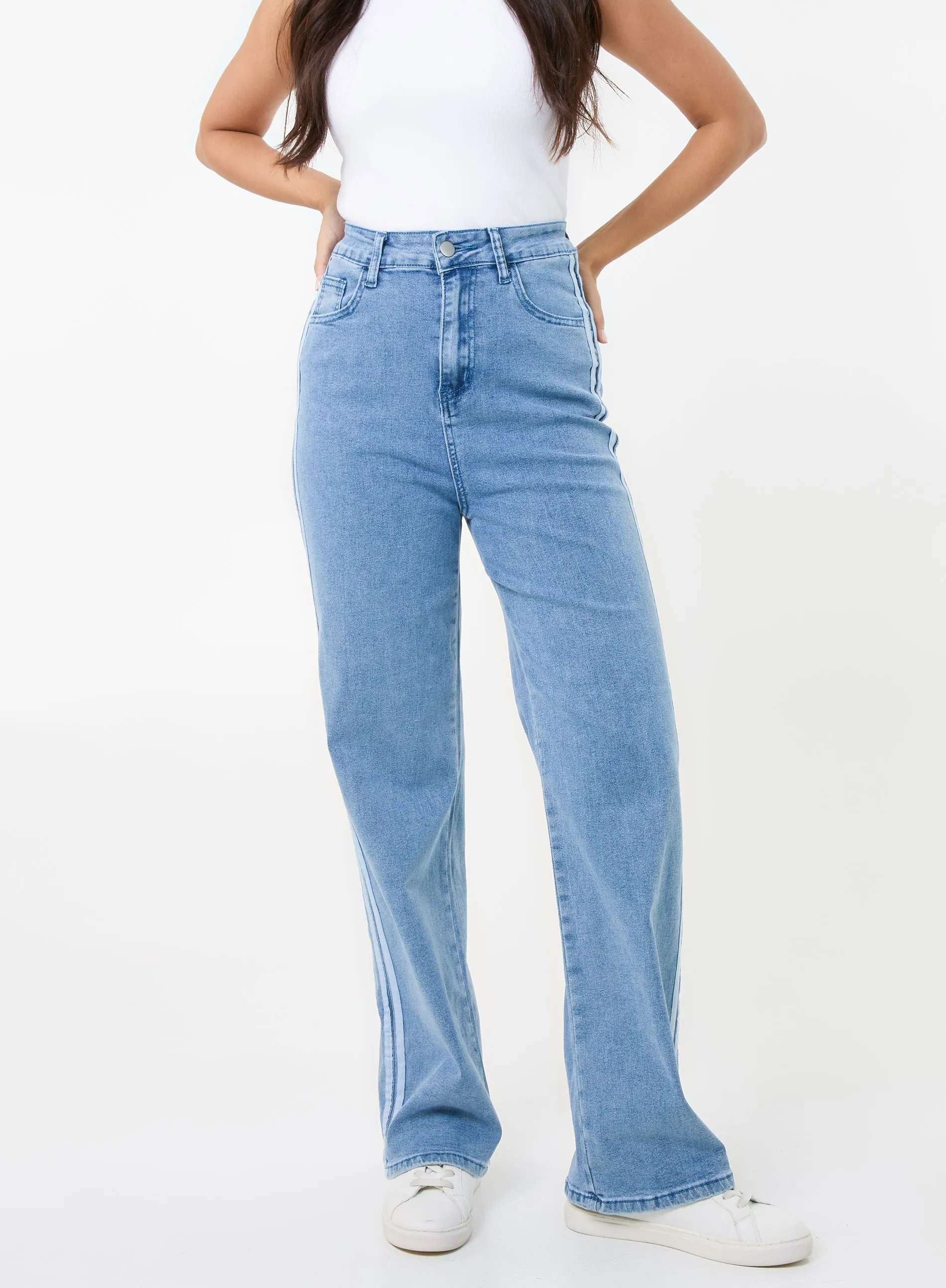 Stripe Detail Denim High Waist Jeans