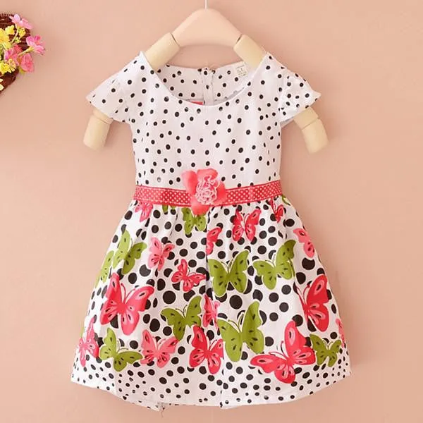 Stylish Baby Girls Kids Short Sleeve Dress Polka Dots Butterfly Princess One-piece Dresses