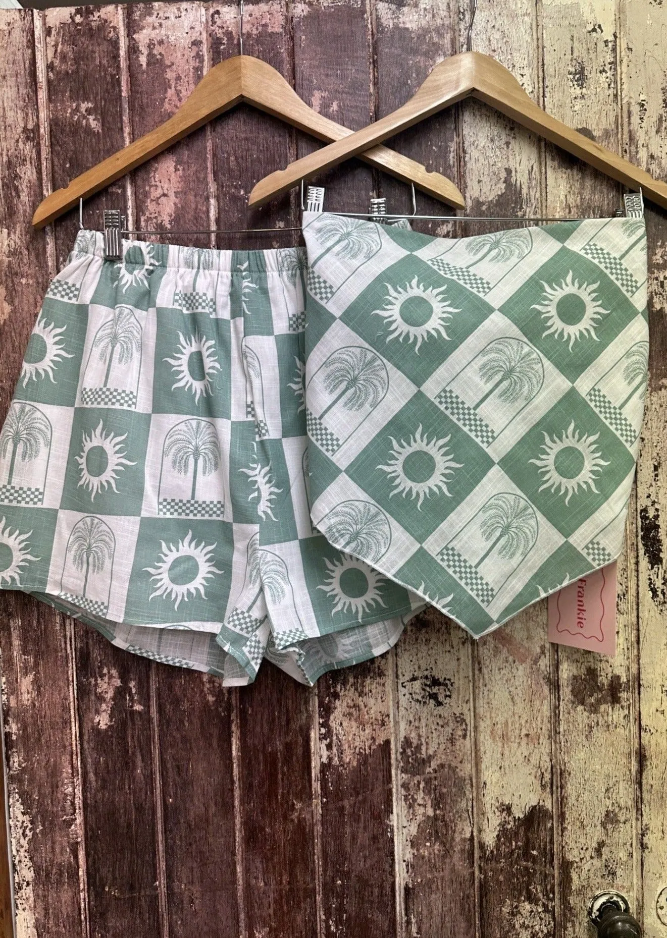 Sun Palm Checkers Scarf Short Set White/Sage