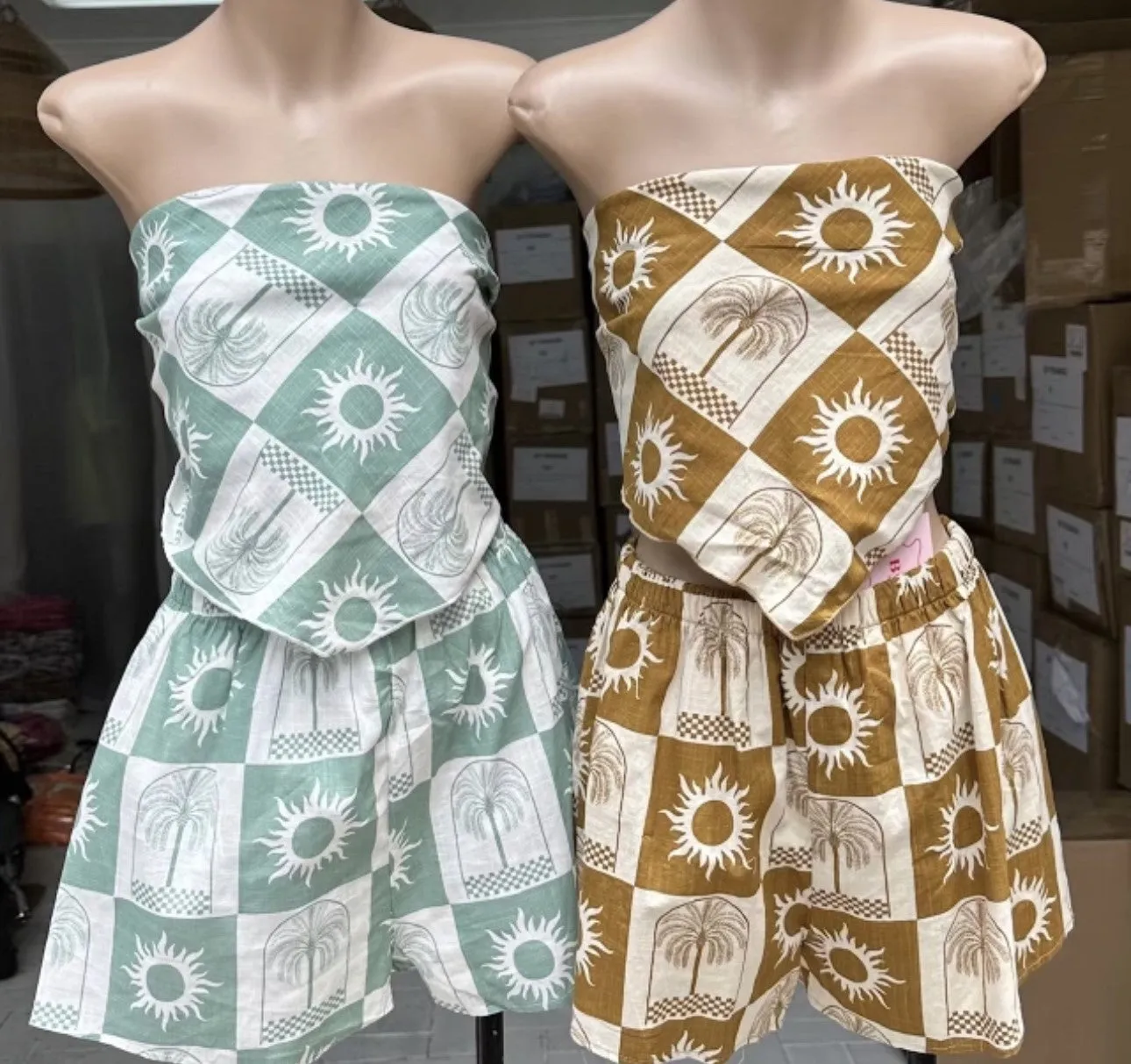 Sun Palm Checkers Scarf Short Set White/Sage