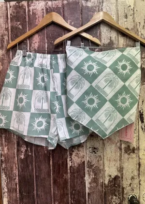 Sun Palm Checkers Scarf Short Set White/Sage