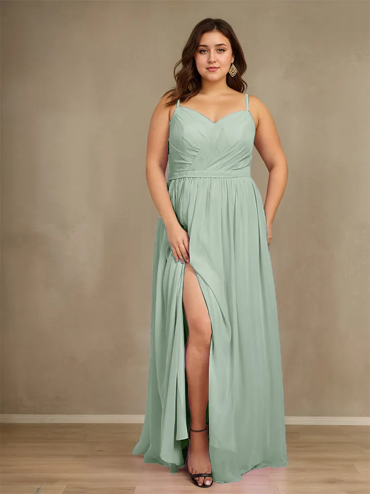 Sweetheart A Line Spaghetti Straps Plus Size Bridesmaid Dresses with Slit