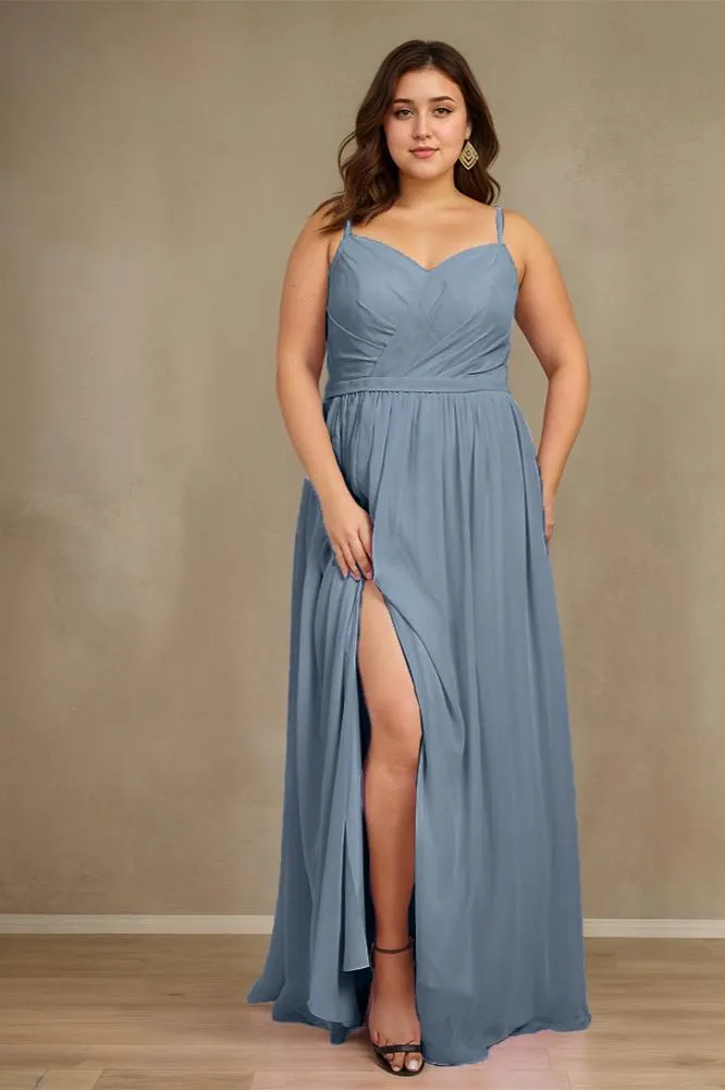 Sweetheart A Line Spaghetti Straps Plus Size Bridesmaid Dresses with Slit
