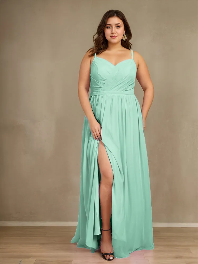 Sweetheart A Line Spaghetti Straps Plus Size Bridesmaid Dresses with Slit