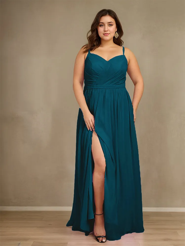 Sweetheart A Line Spaghetti Straps Plus Size Bridesmaid Dresses with Slit