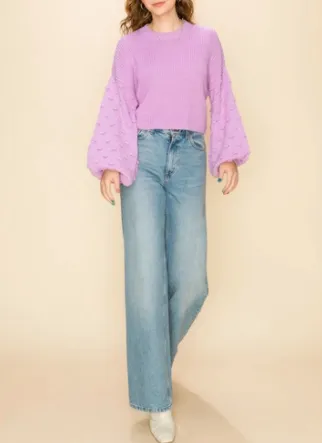 Swiss Dot Lantern Sleeve Cropped Sweater