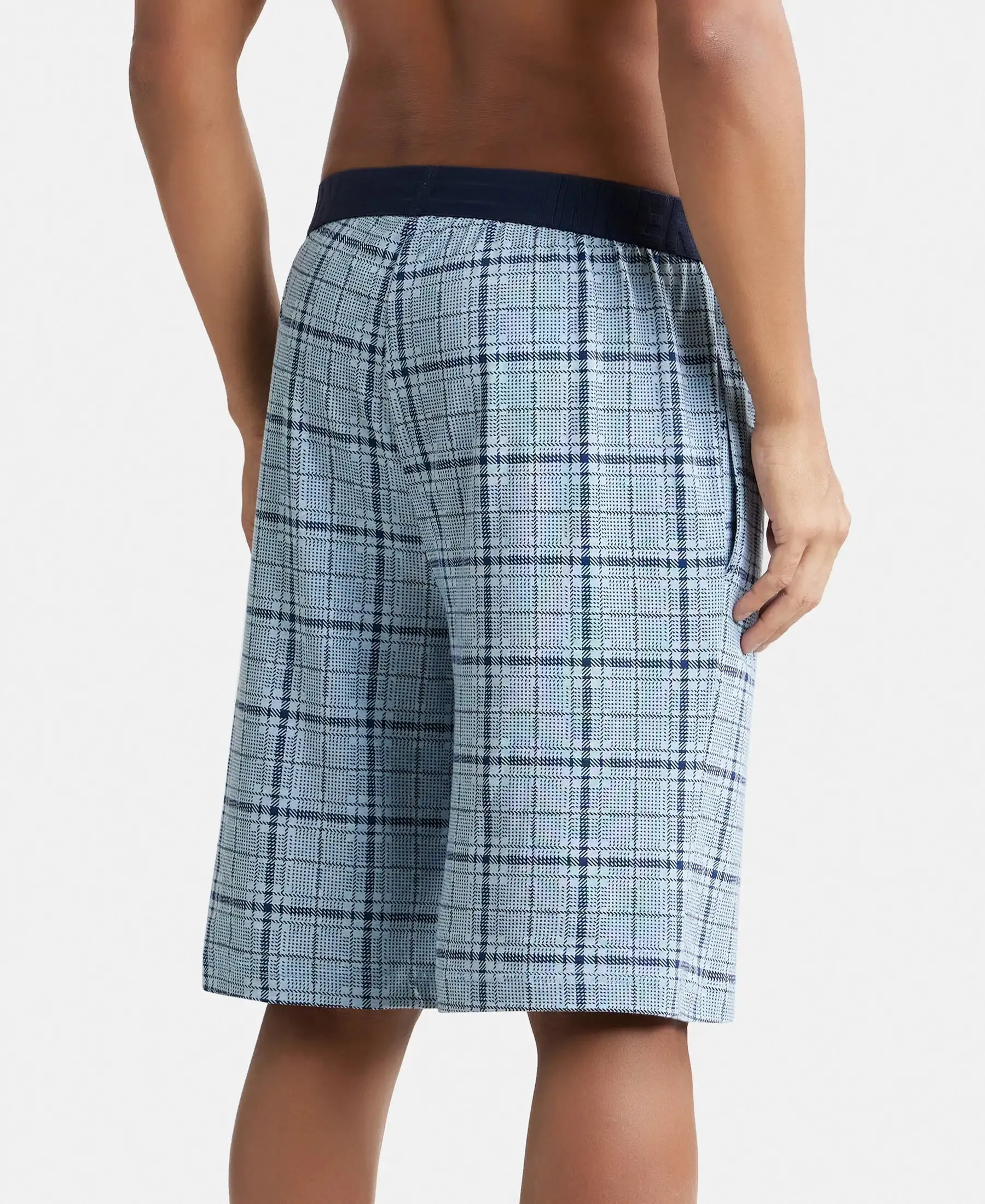 Tencel Micro Modal Cotton Elastane Stretch Regular Fit Checkered Sleep Shorts with Side Pockets - Light Blue Print1
