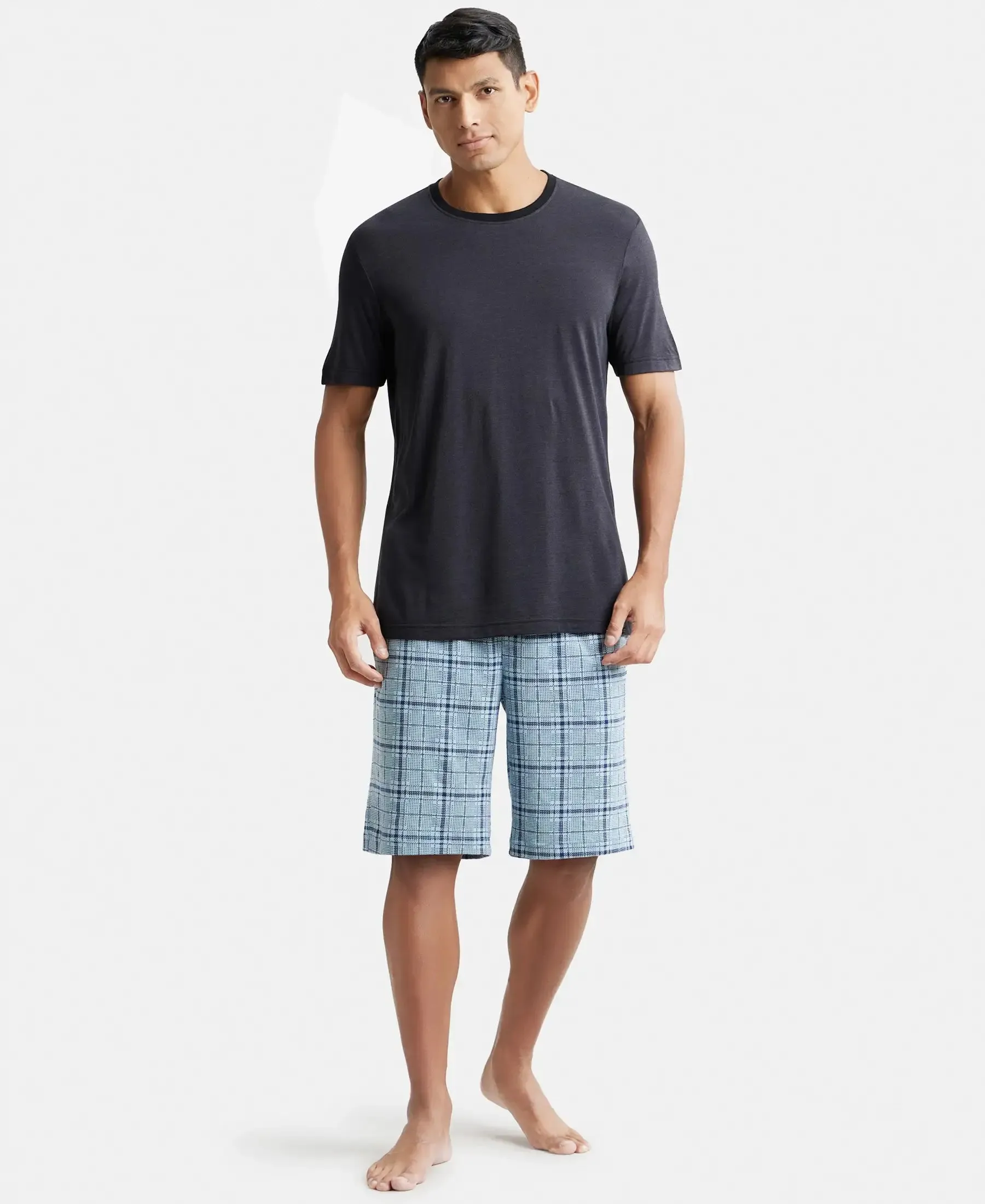 Tencel Micro Modal Cotton Elastane Stretch Regular Fit Checkered Sleep Shorts with Side Pockets - Light Blue Print1