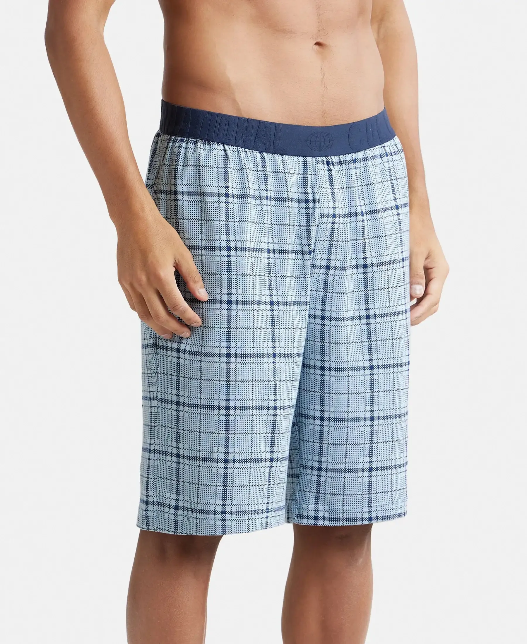 Tencel Micro Modal Cotton Elastane Stretch Regular Fit Checkered Sleep Shorts with Side Pockets - Light Blue Print1
