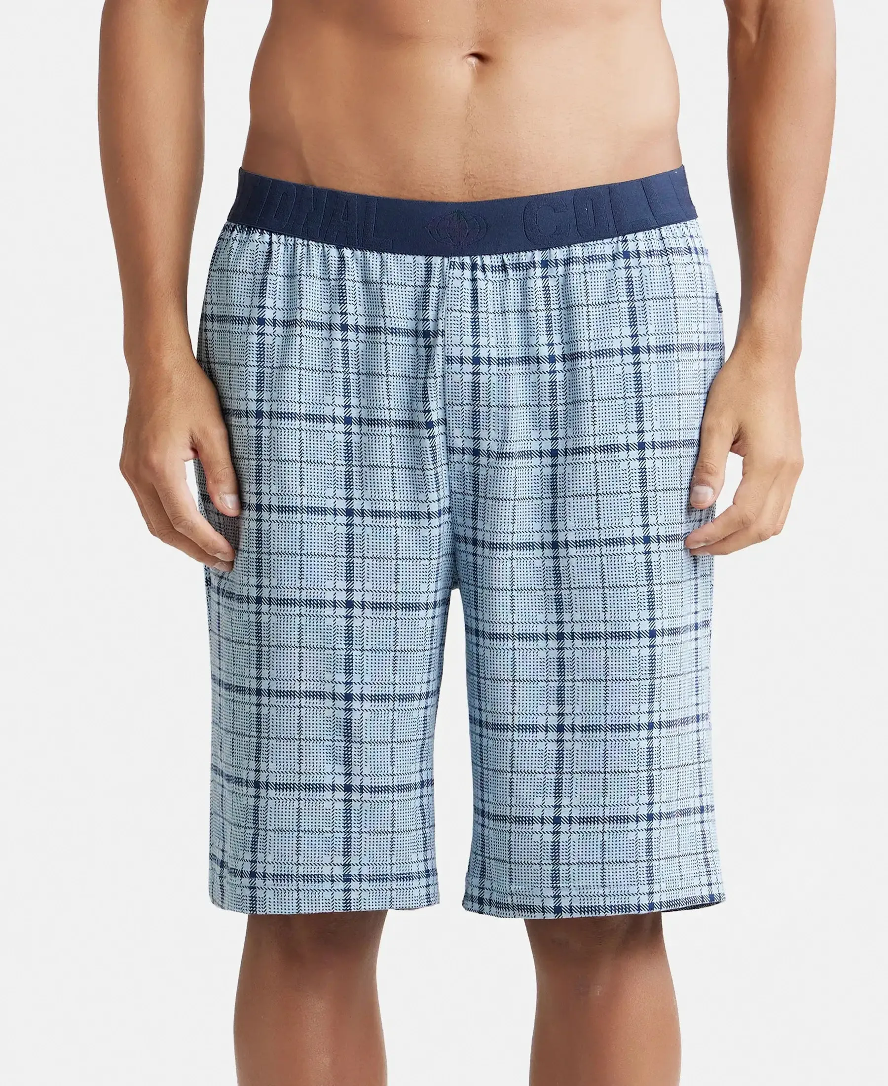 Tencel Micro Modal Cotton Elastane Stretch Regular Fit Checkered Sleep Shorts with Side Pockets - Light Blue Print1