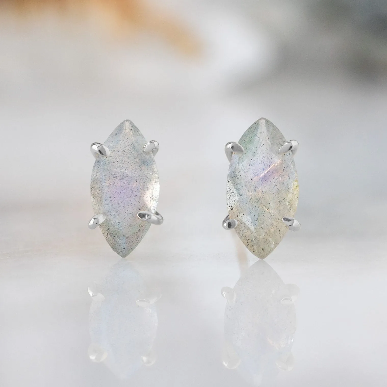 The Labradorite Marquise Stud Earrings | 14K White Gold