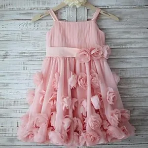 Unique Pink Spaghetti Straps Zipper Up A-Line Chiffon Flower Girl Dresses With Appliques, TYP1151